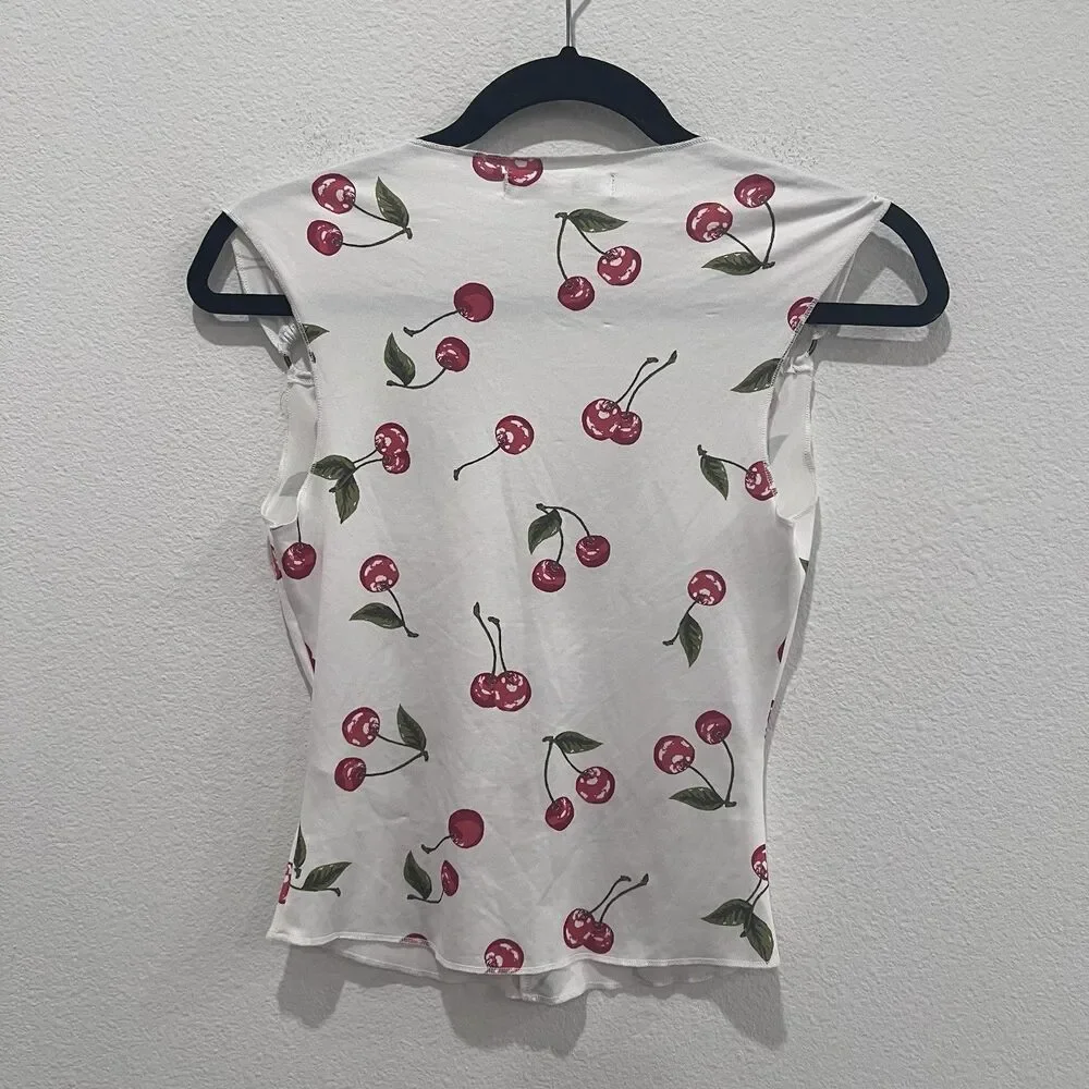 urban outfitters Women’s White Tank Top Cherry Print Shoulder Detail Small Y2K - Picture 6 of 8